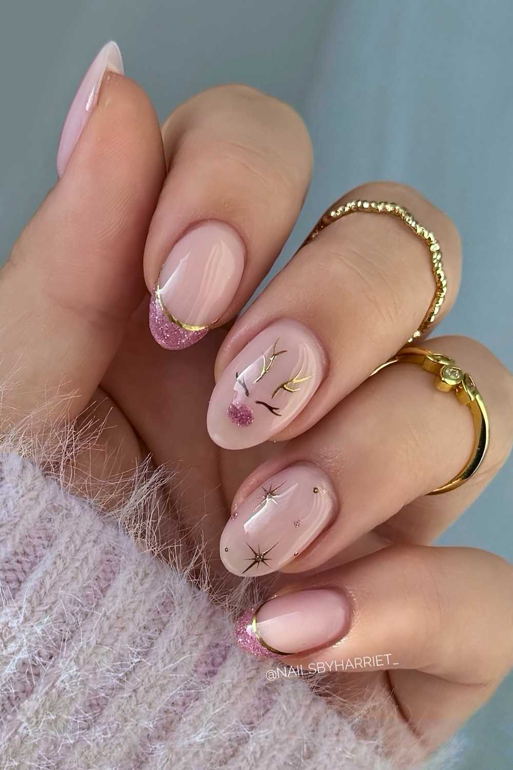 Glittery pink French mani with Christmas art