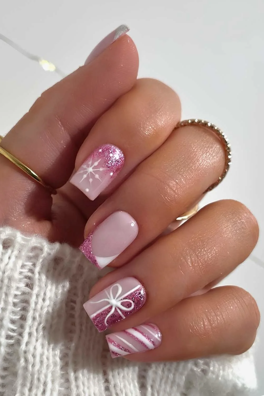Glittery white and pink Christmas nails