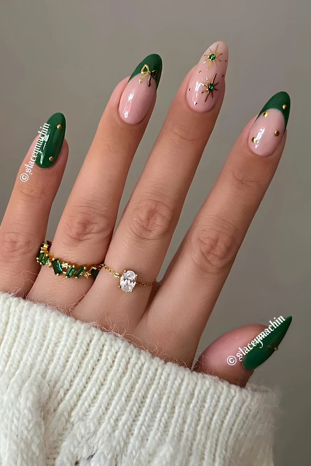 Gold and green Christmas mani with bows and gems