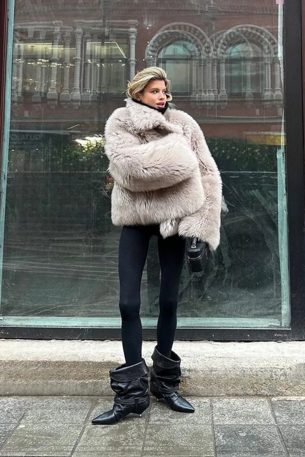 Gray faux coat with black leggings