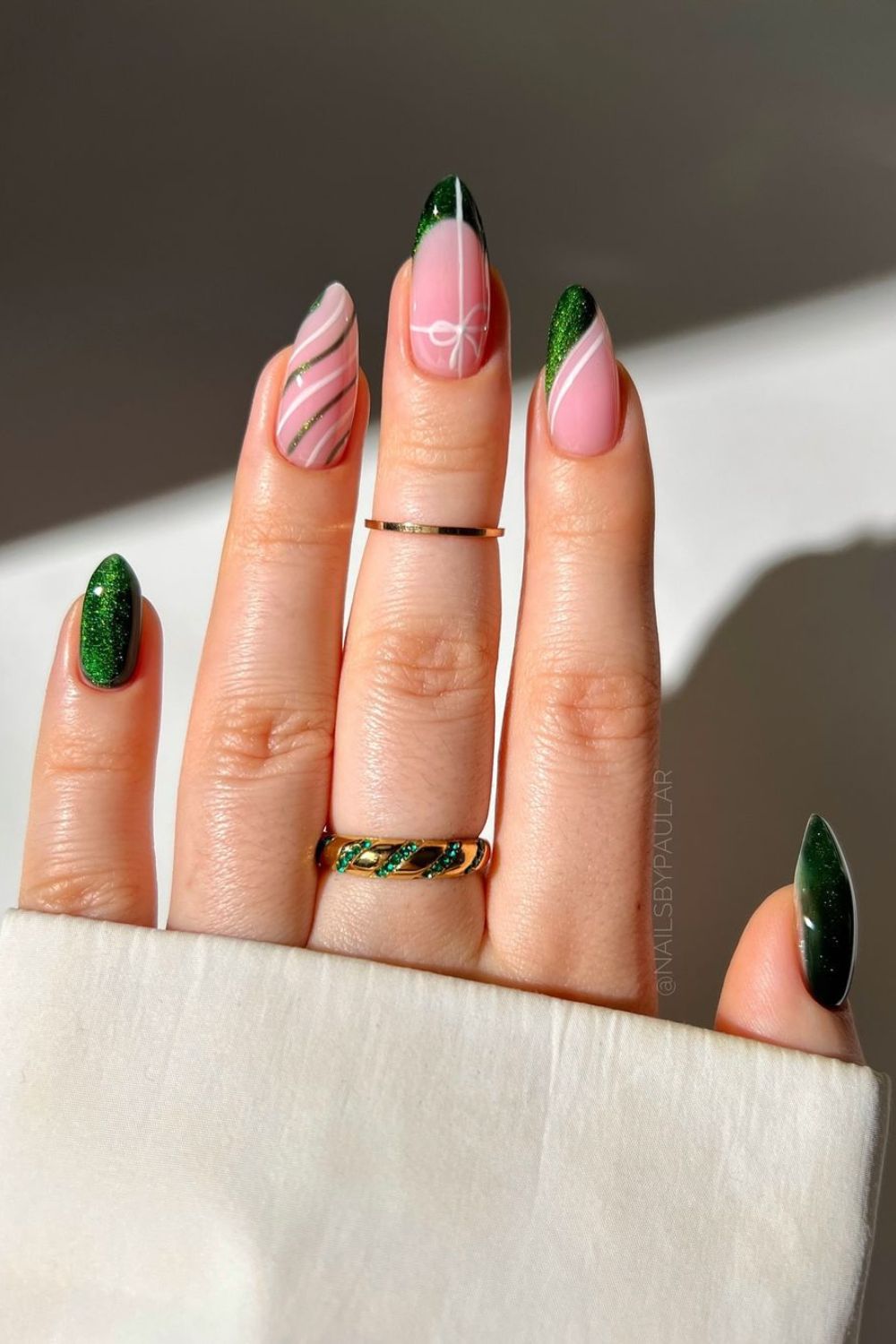 Green velvet Christmas nails with white details