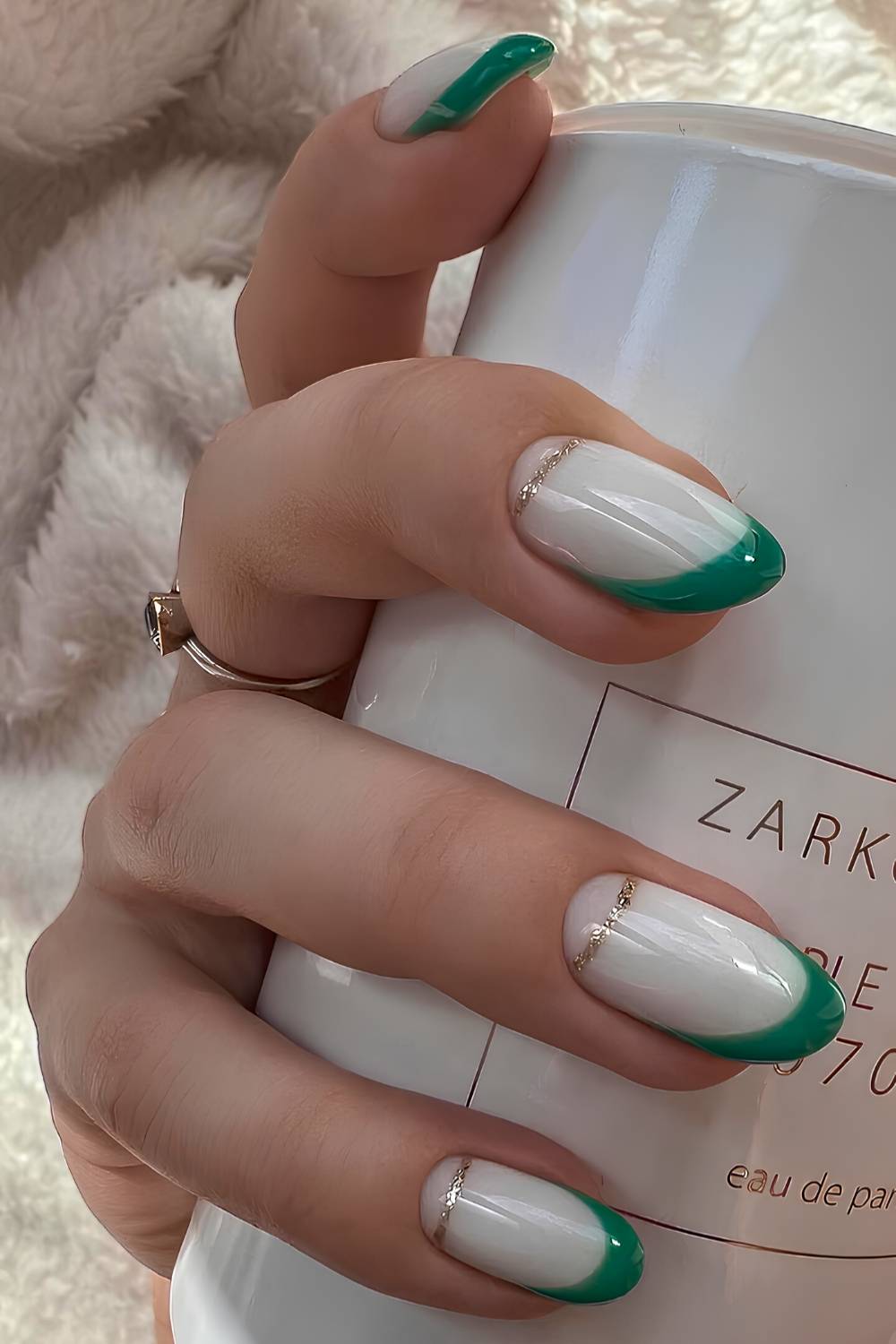 Green French nails with half moon art