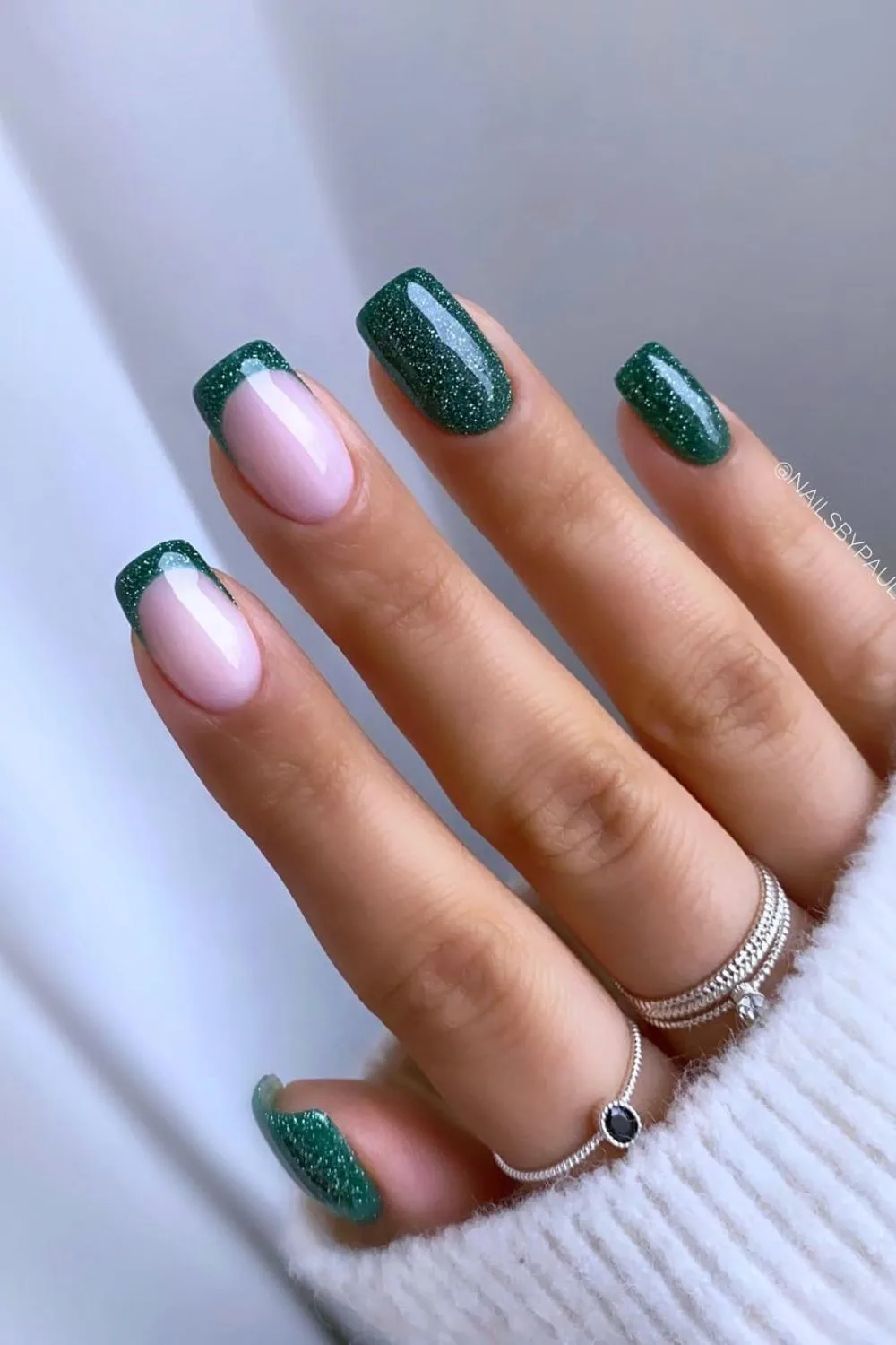 Green Glitter French Tip nails