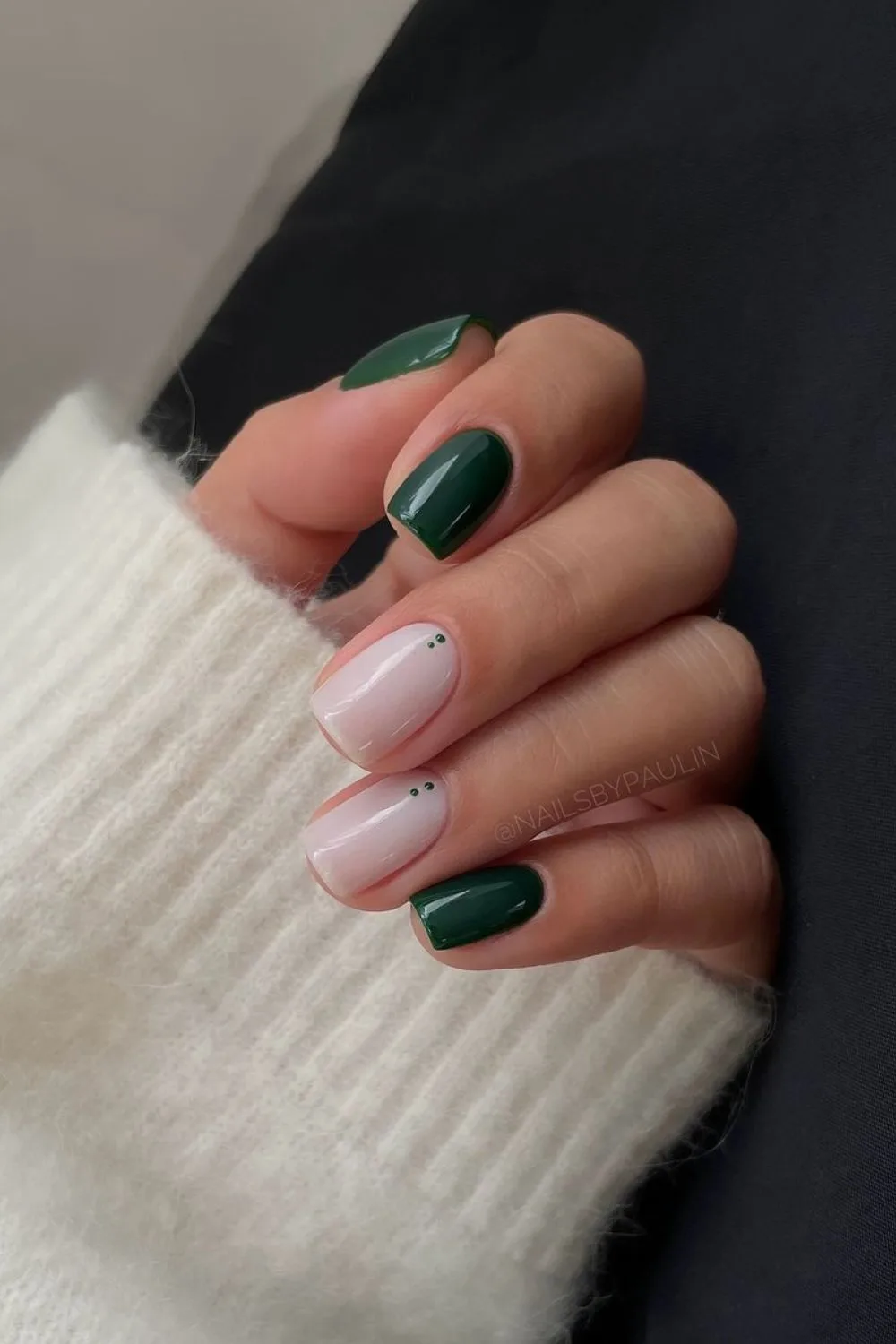 Green and white mani with dot accents