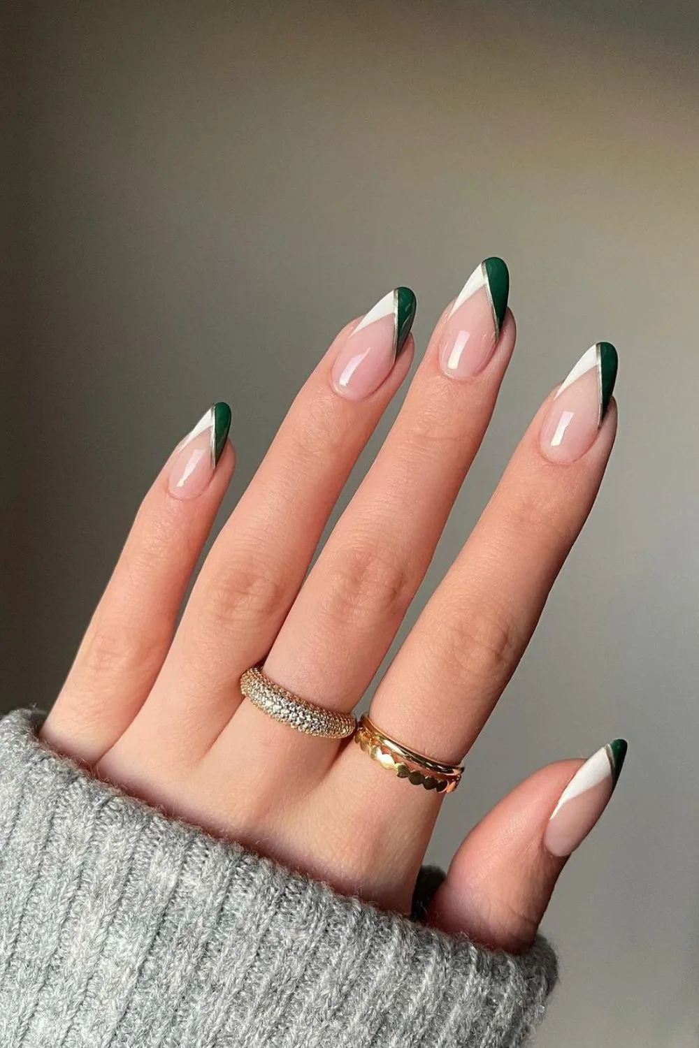 Green and white pointed french tip nails