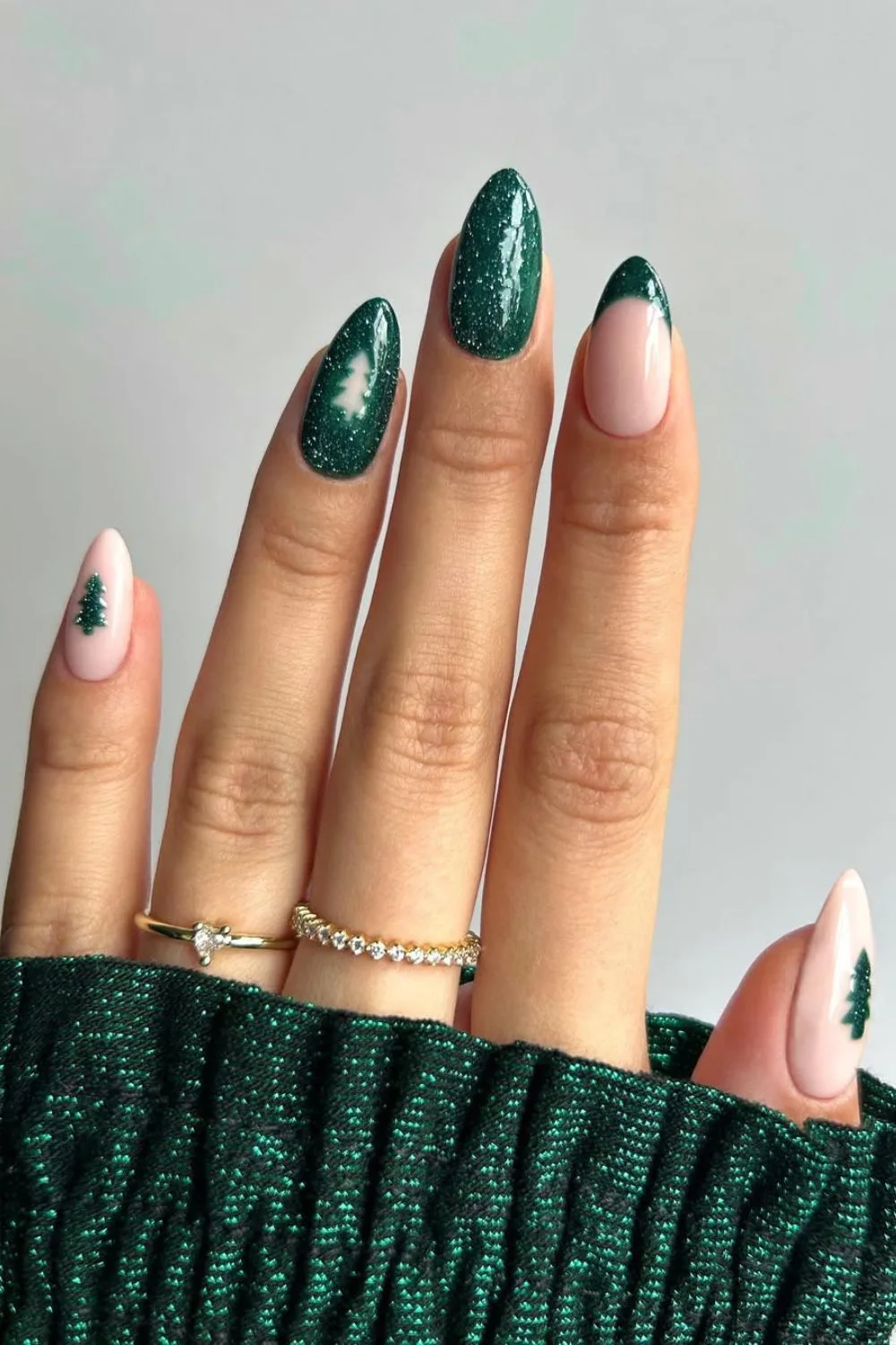 Green glitter french tip nails with Christmas tree accent