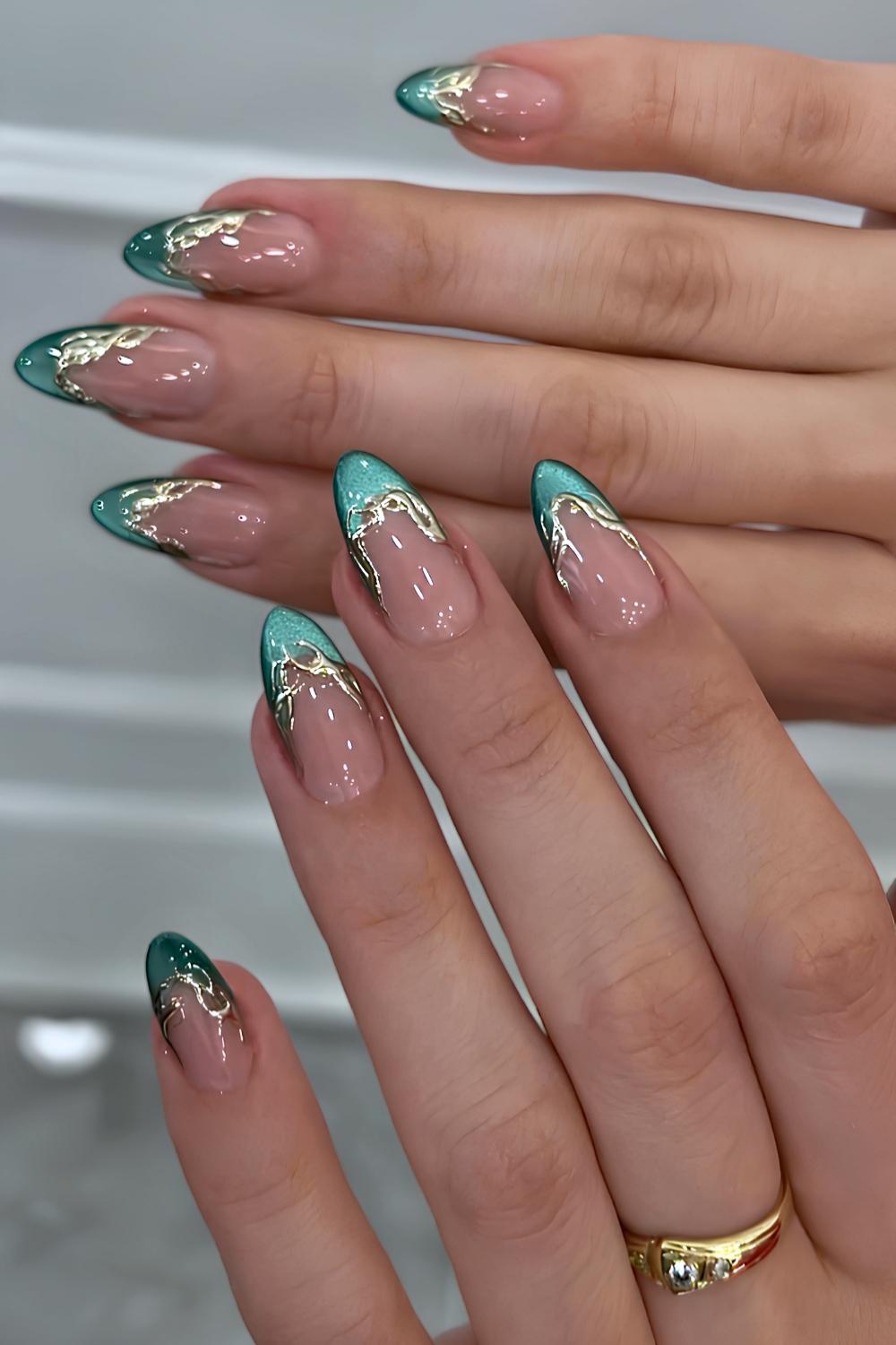 Green velvet French mani with chrome accents