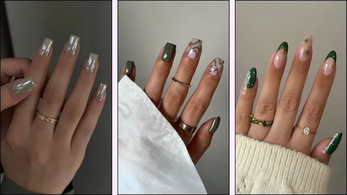 A collage of green nail designs for winter