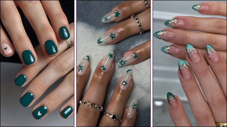 A collage of green nail designs for winter