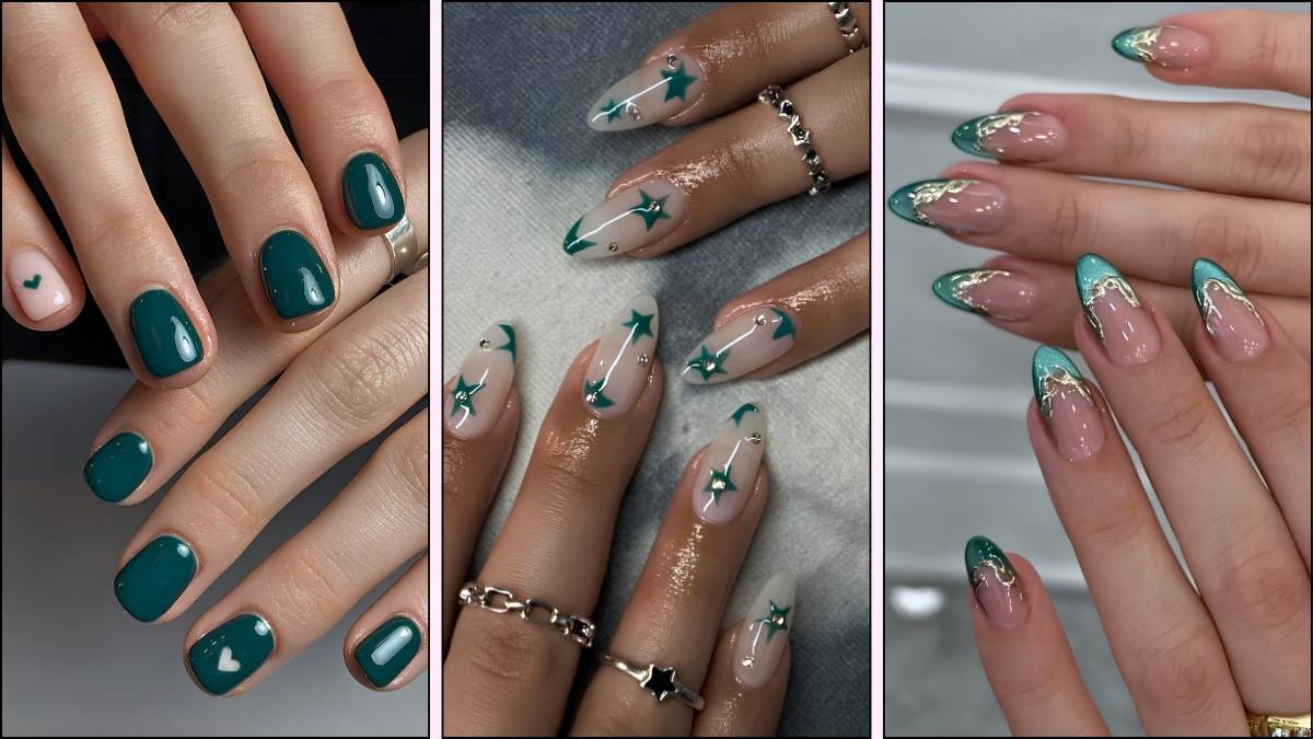 A collage of green nail designs for winter
