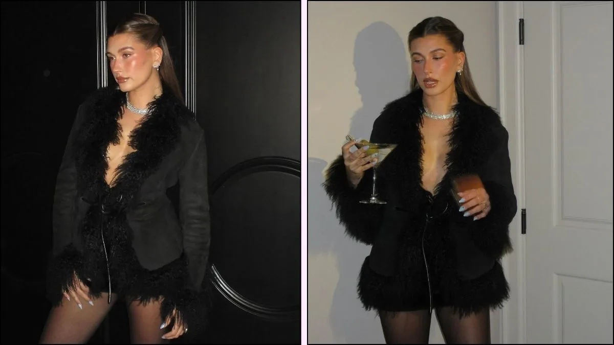 A collage of Hailey Bieber birthday coat outfit