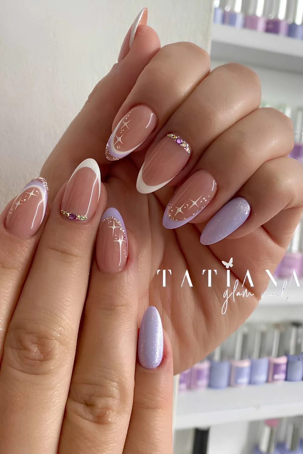 Lavender nails with gems and glitter