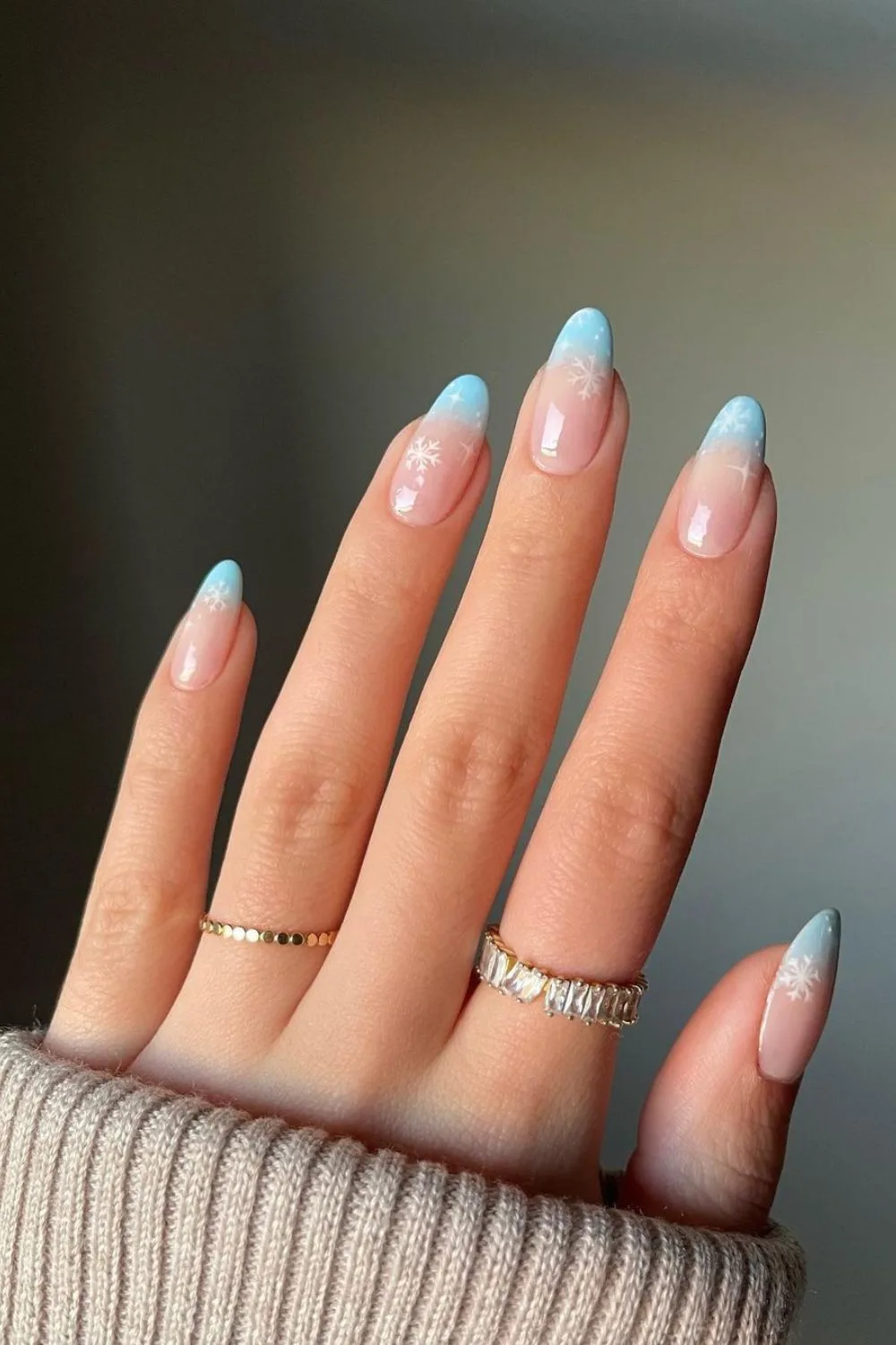 Light blue snowflake French tip nails