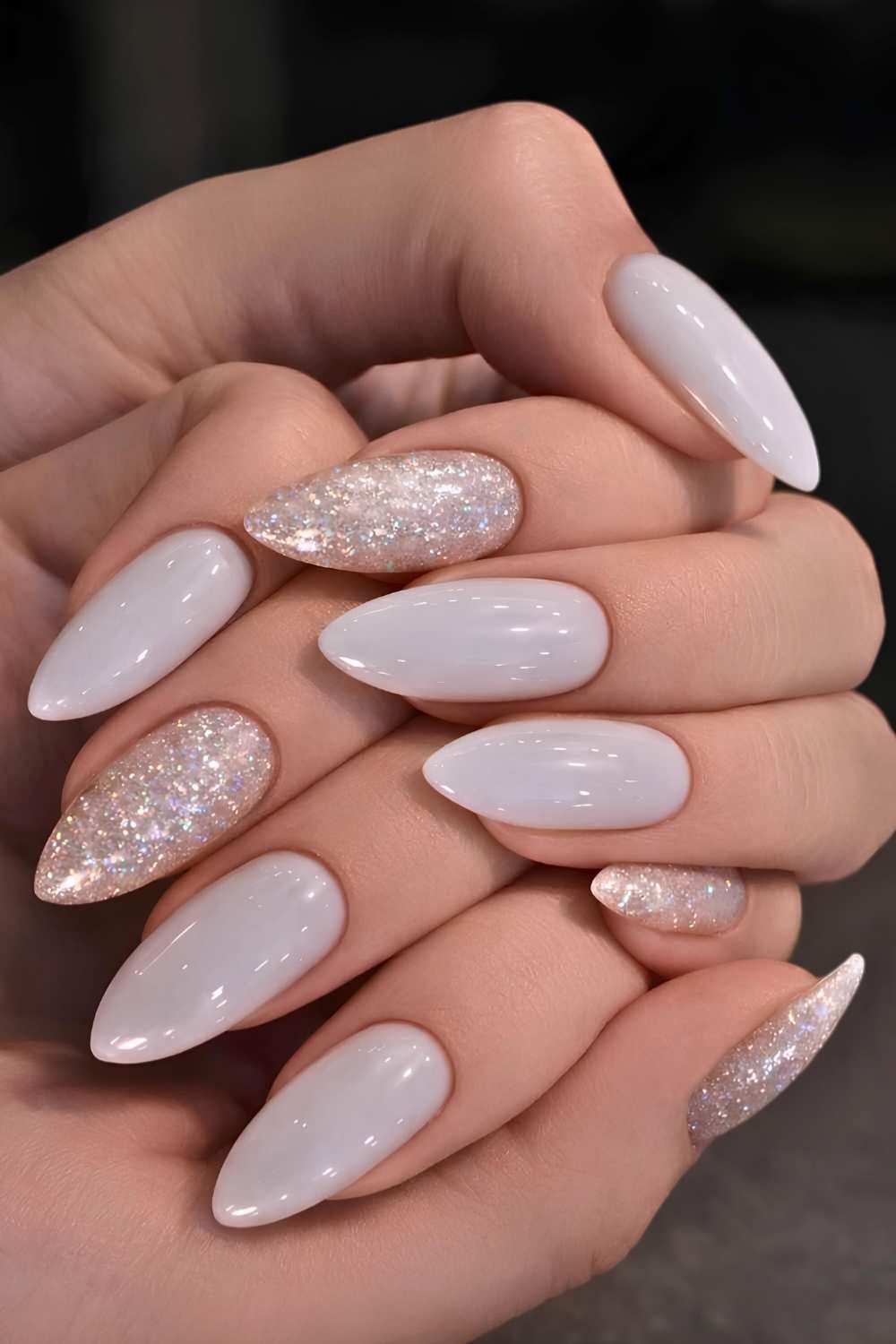 Light gray mani with glitter accent nail