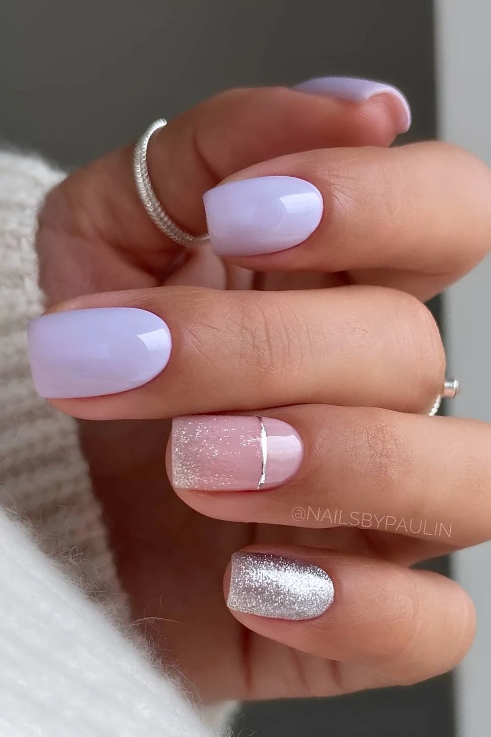 Light purple nails with silver glitter