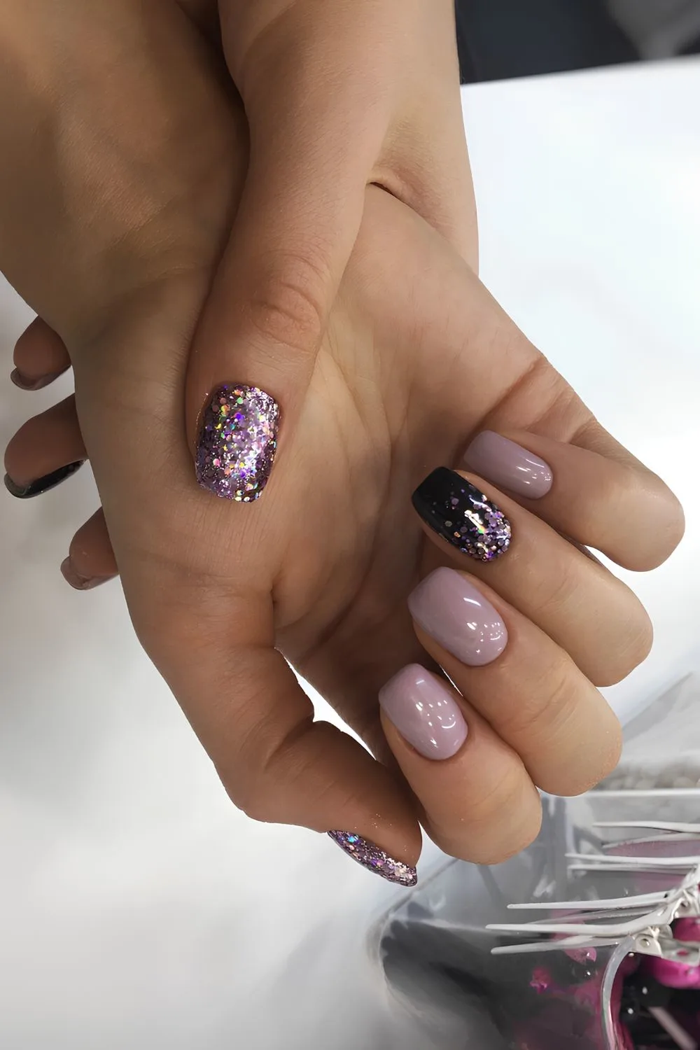 Mauve purple nails with chunky glitter