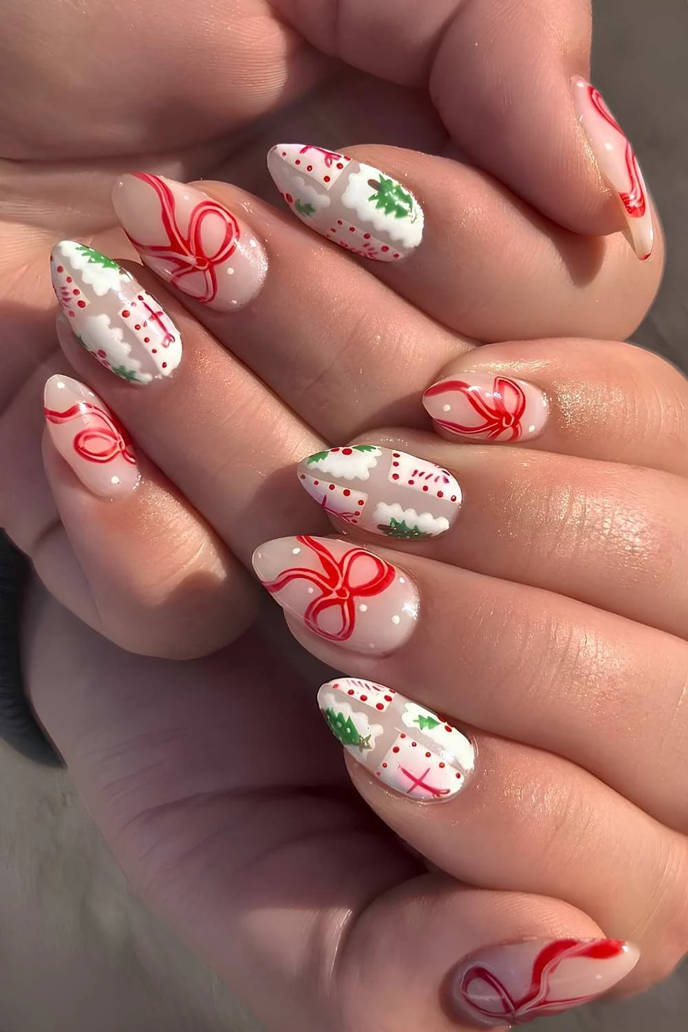 Milky Christmas nails with colorful stamp art