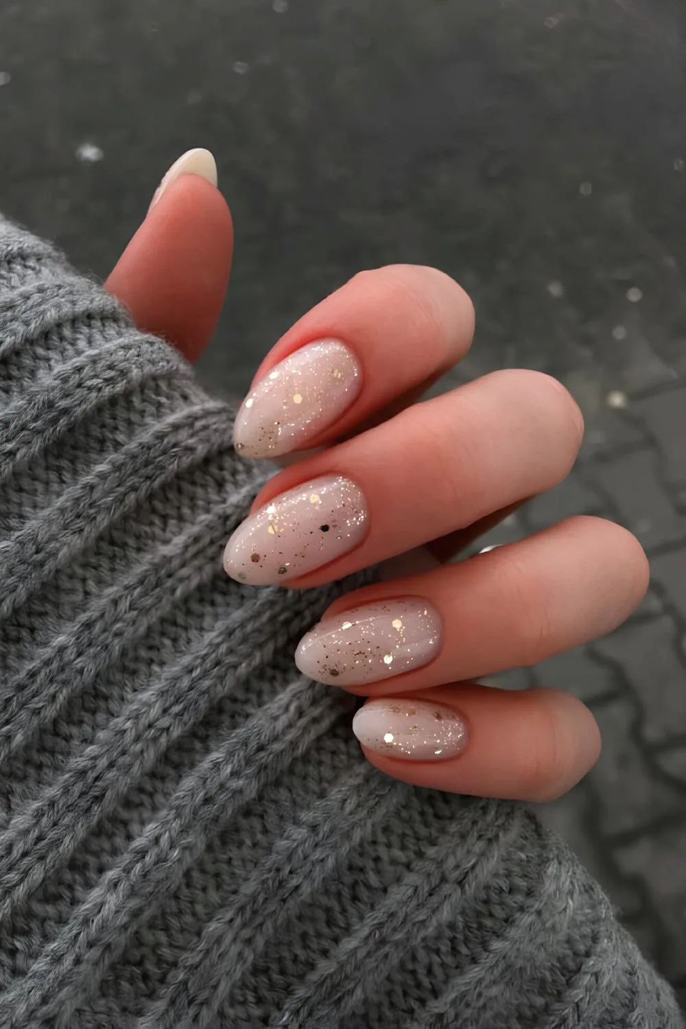 Milky white nails with chunky glitter