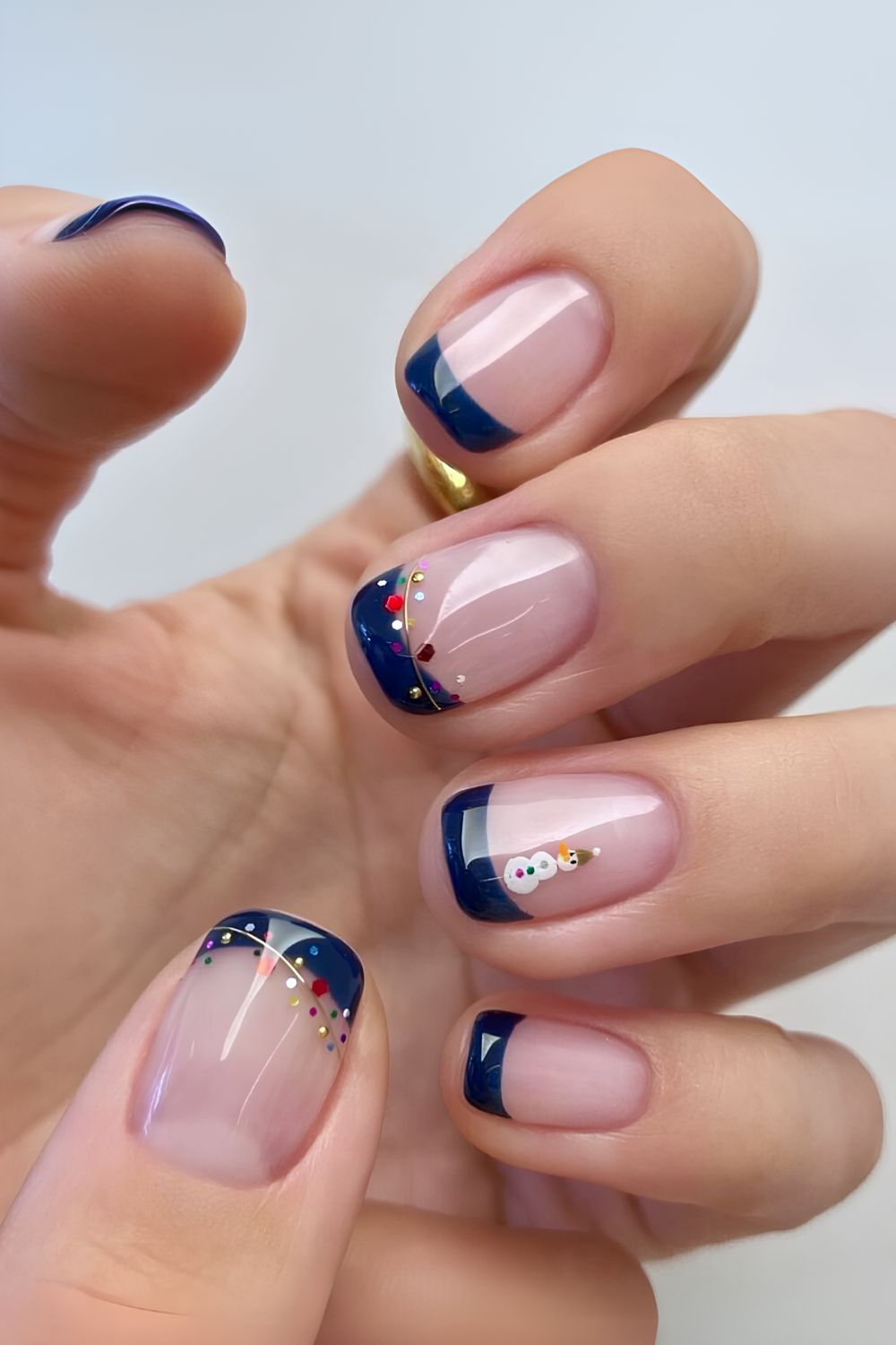Navy French mani with winter holiday art