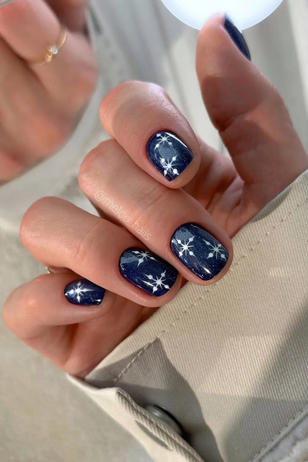 Navy blue nails with white snowflakes