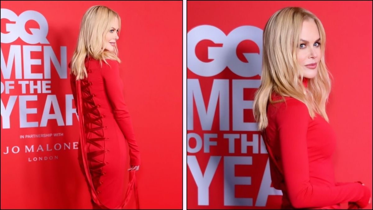 A collage of Nicole Kidman red dress at Men of the year Awards