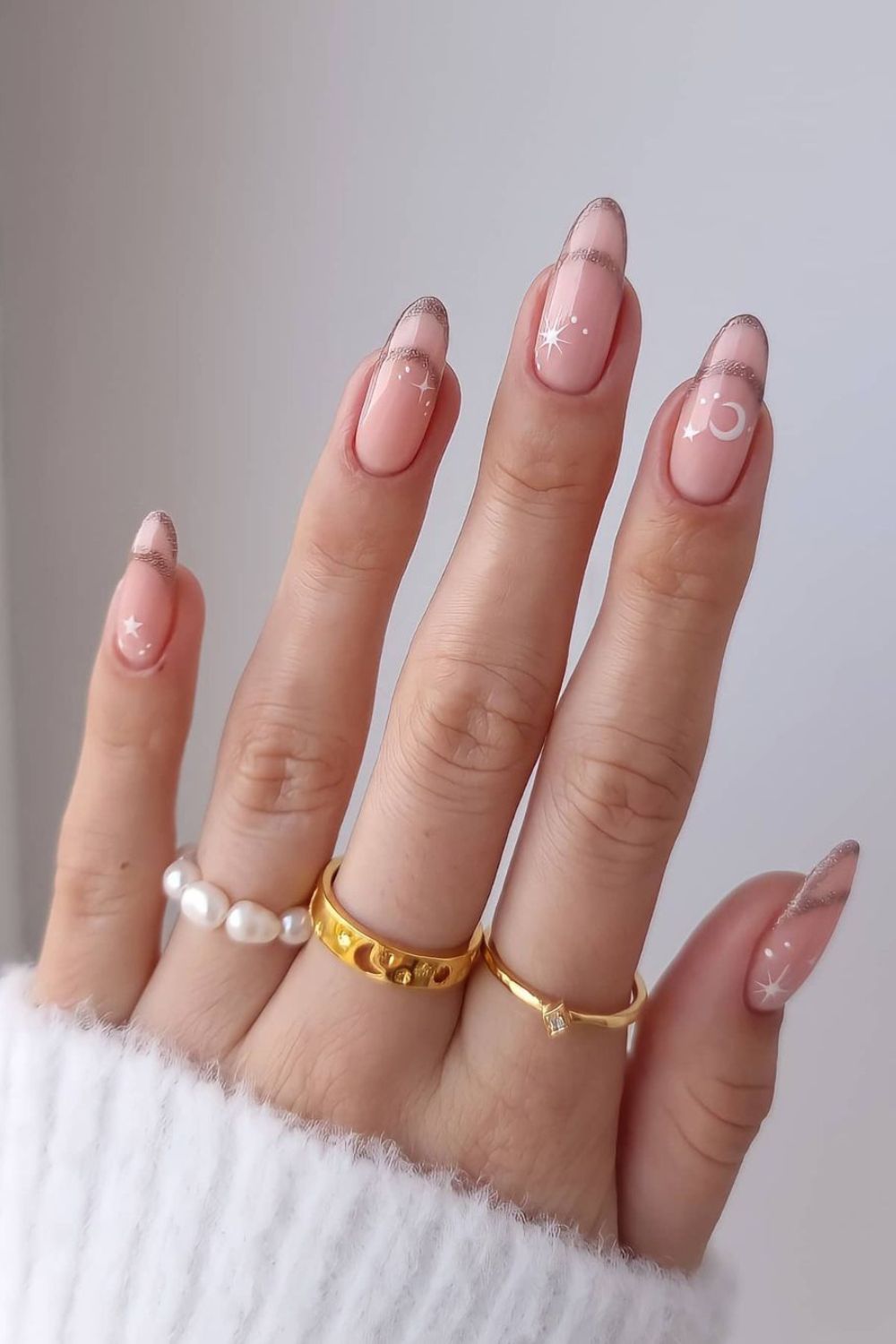 Nude double french tip nails with glitter