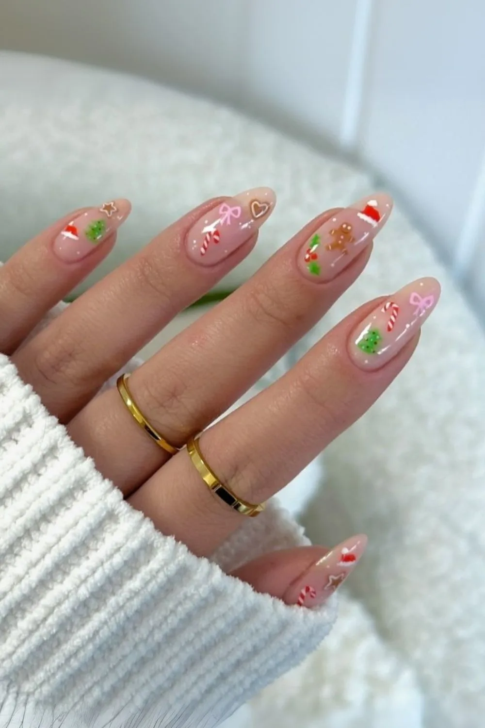 Nude nails with mix of little Christmas motives