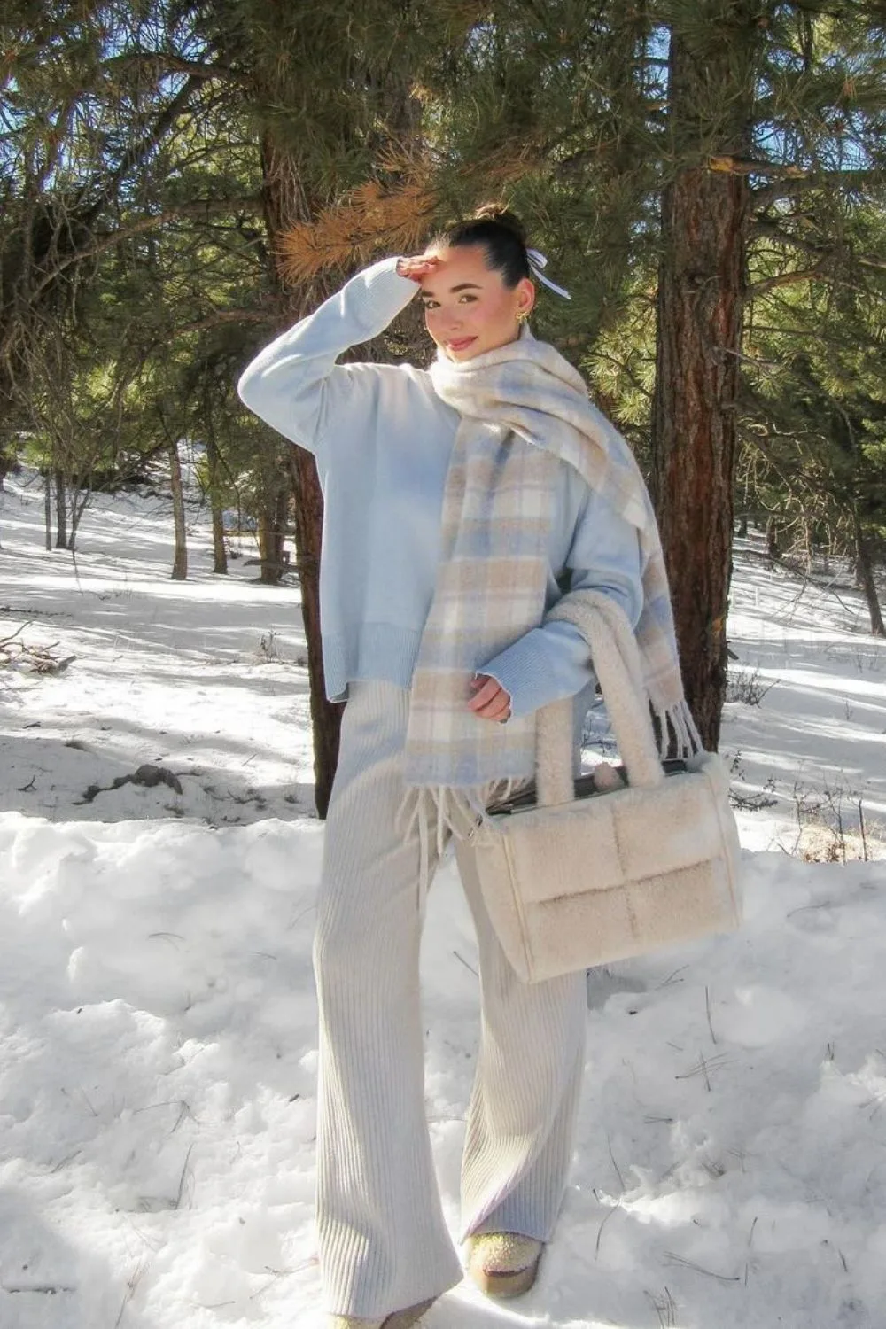 Pastel Sweater & Flared Pants with blanket scarf