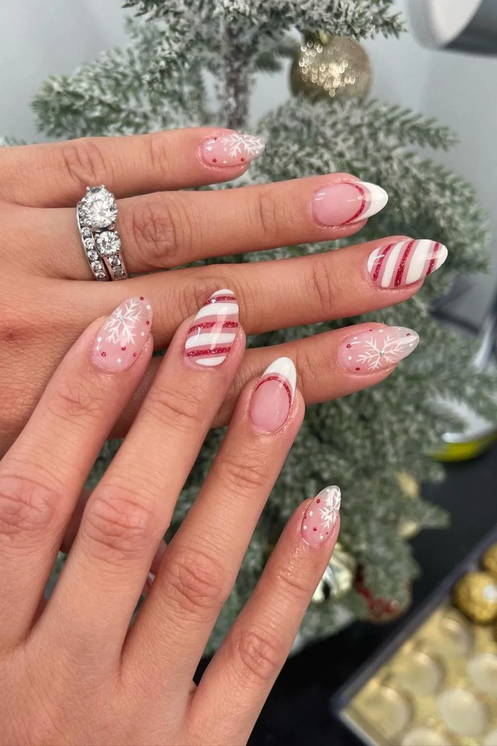 Peppermint nails with snowflakes