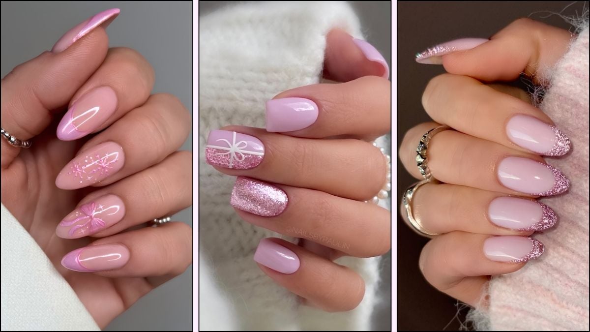 A collage of pink nail designs for Christmas