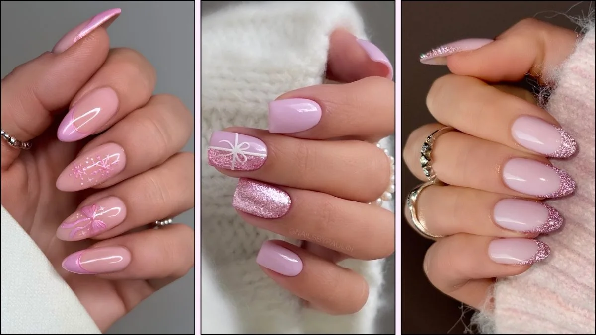 A collage of pink nail designs for Christmas