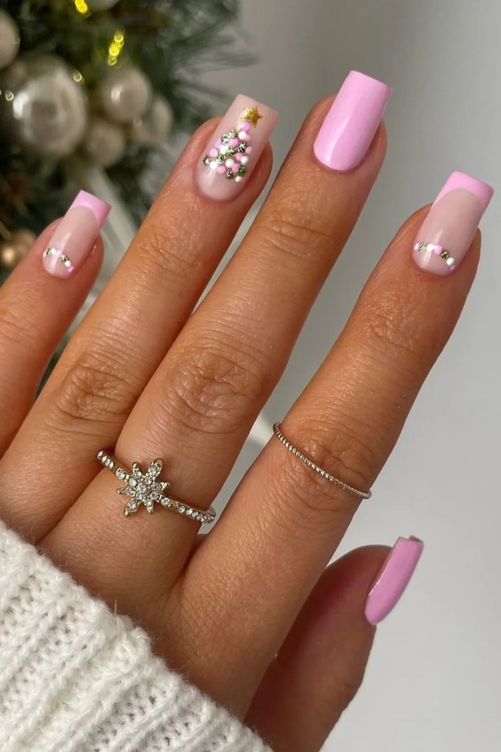 Pink Christmas tree nails