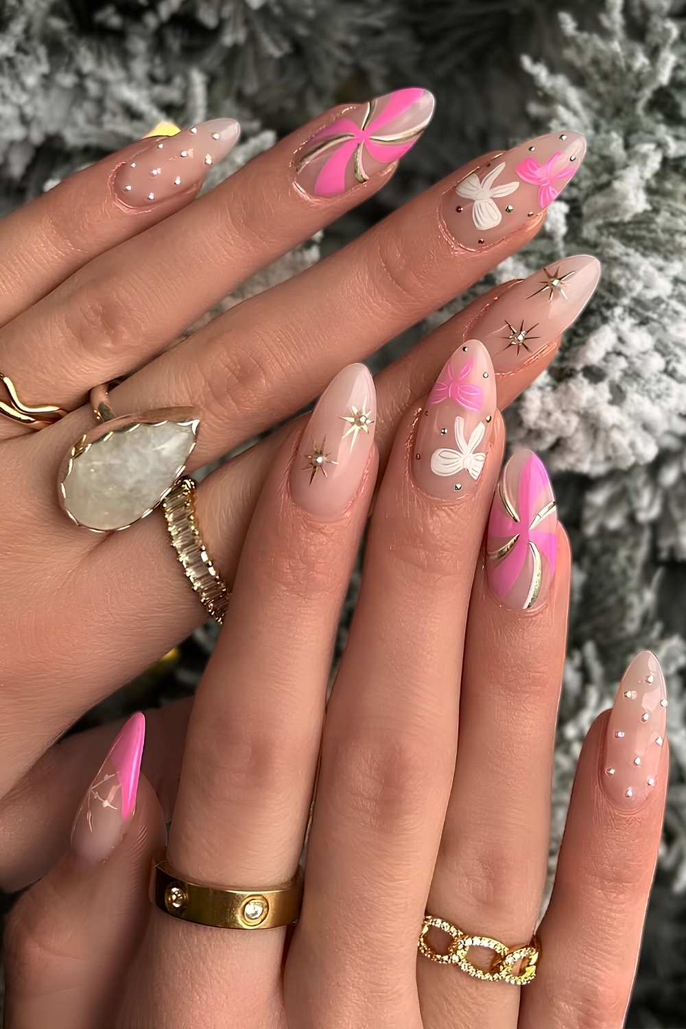 Pink and white Christmas themed nails