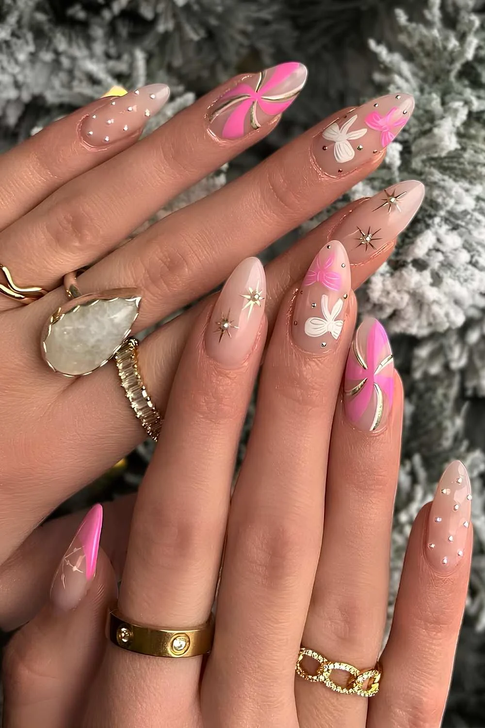 Pink and white Christmas themed nails