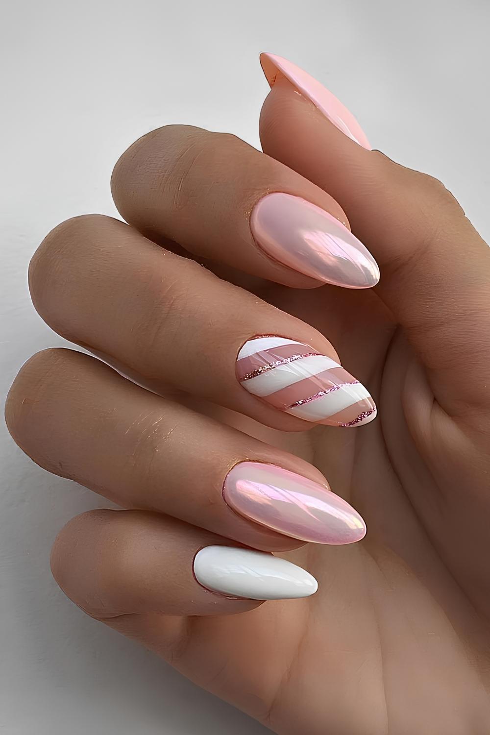 Pink chrome nails with candy cane stripe art