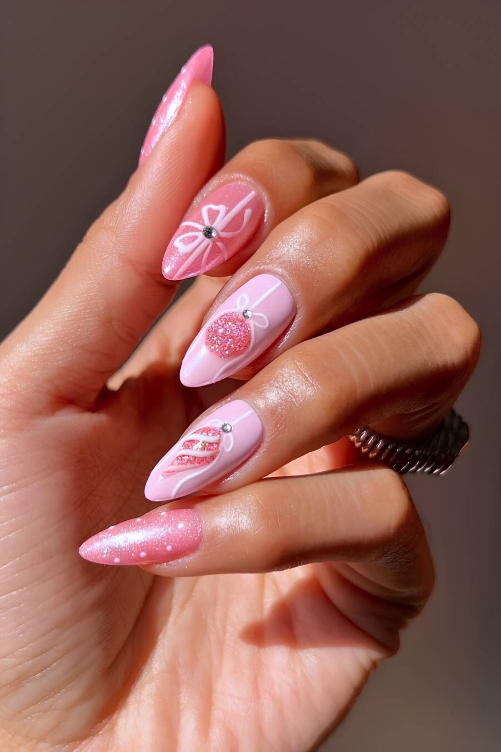 Pink mani with Christmas bauble art