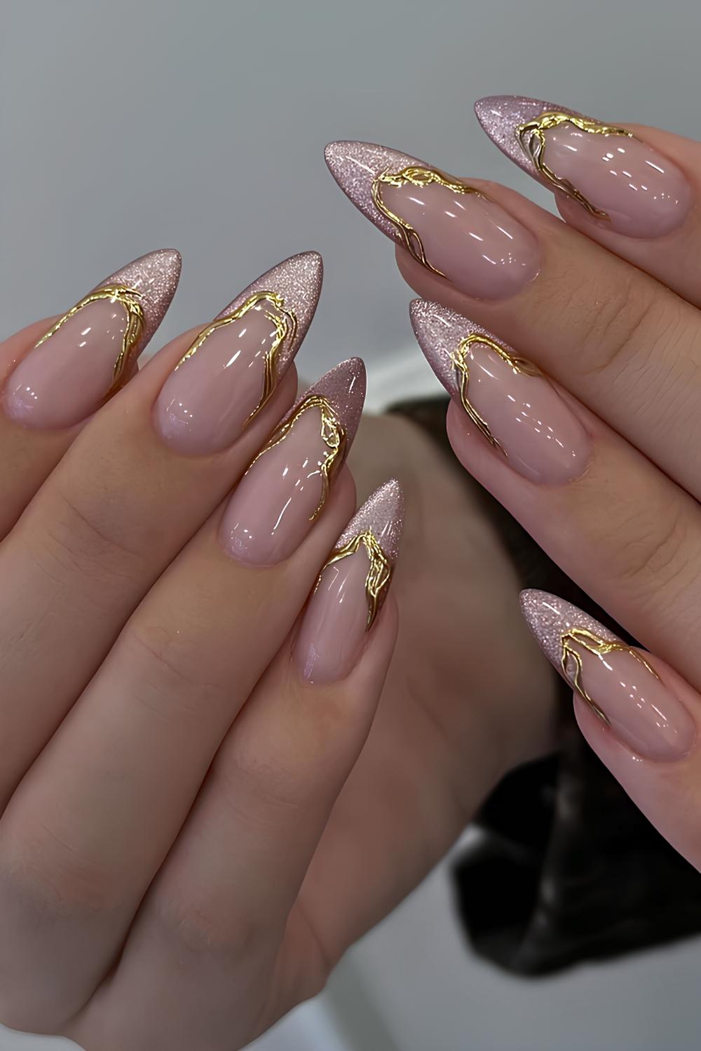Pink velvet French mani with gold accents