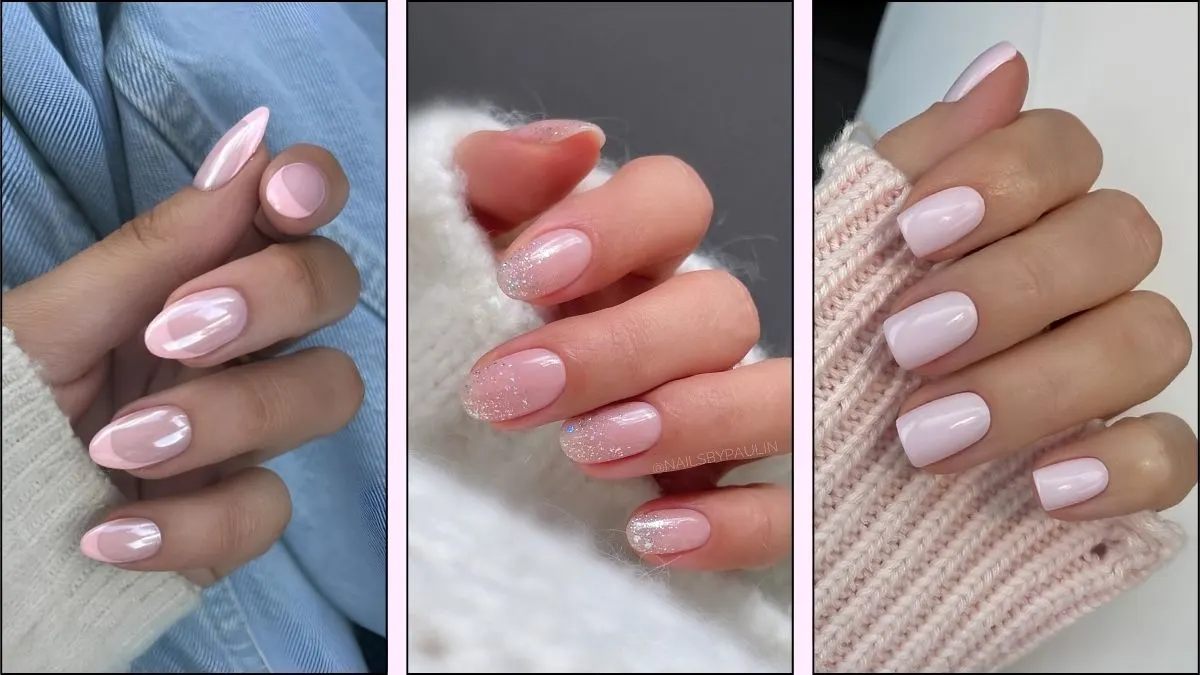 A collage of pink nail designs for winter