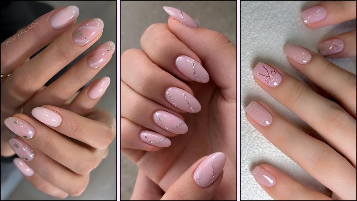 A collage of pink nail designs for winter