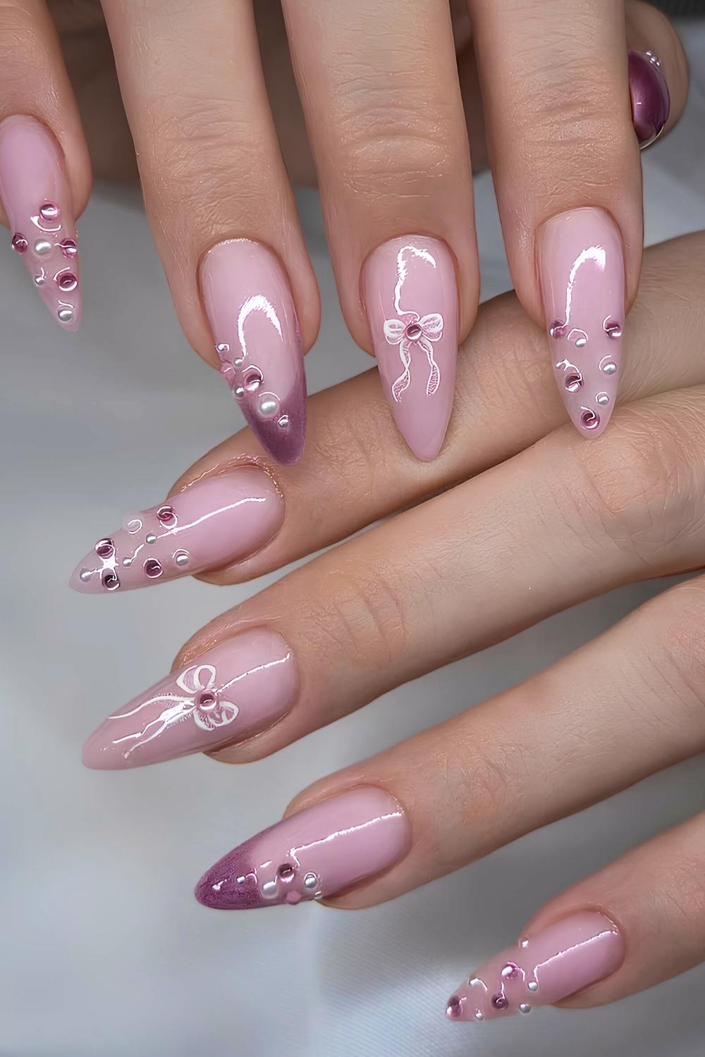 Purple French nails with studs and bows
