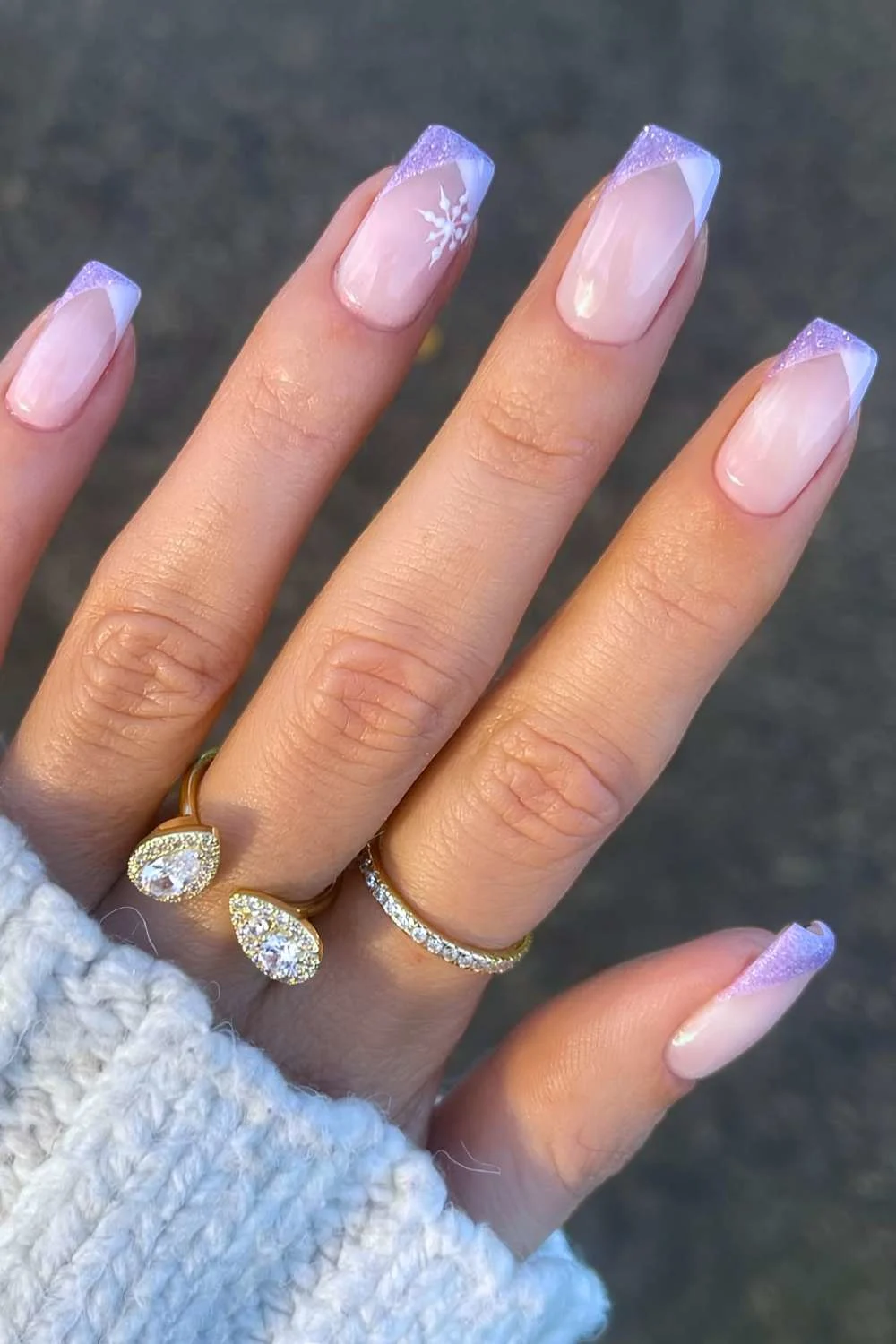 Purple and white French mani with snowflakes