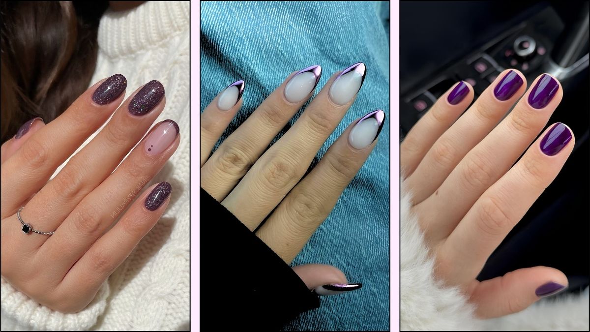 A collage of purple nail designs for winter