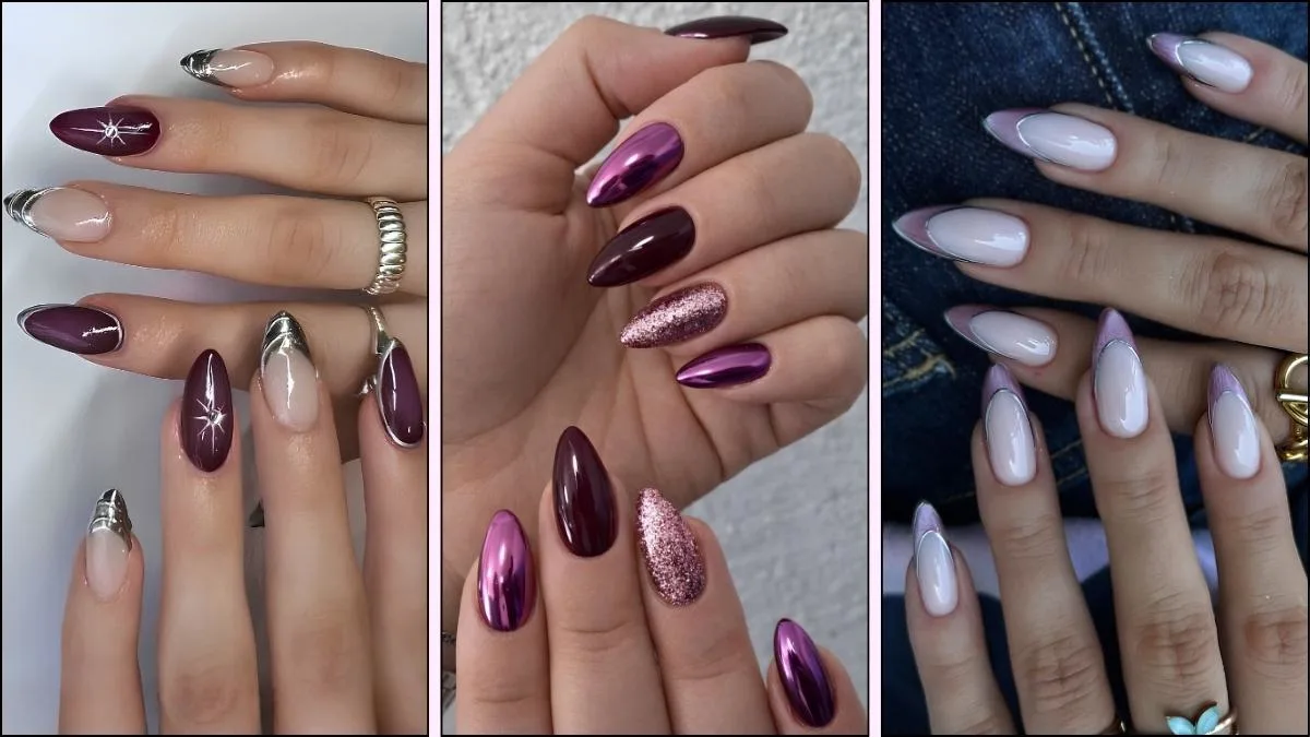 A collage of purple nail designs for winter