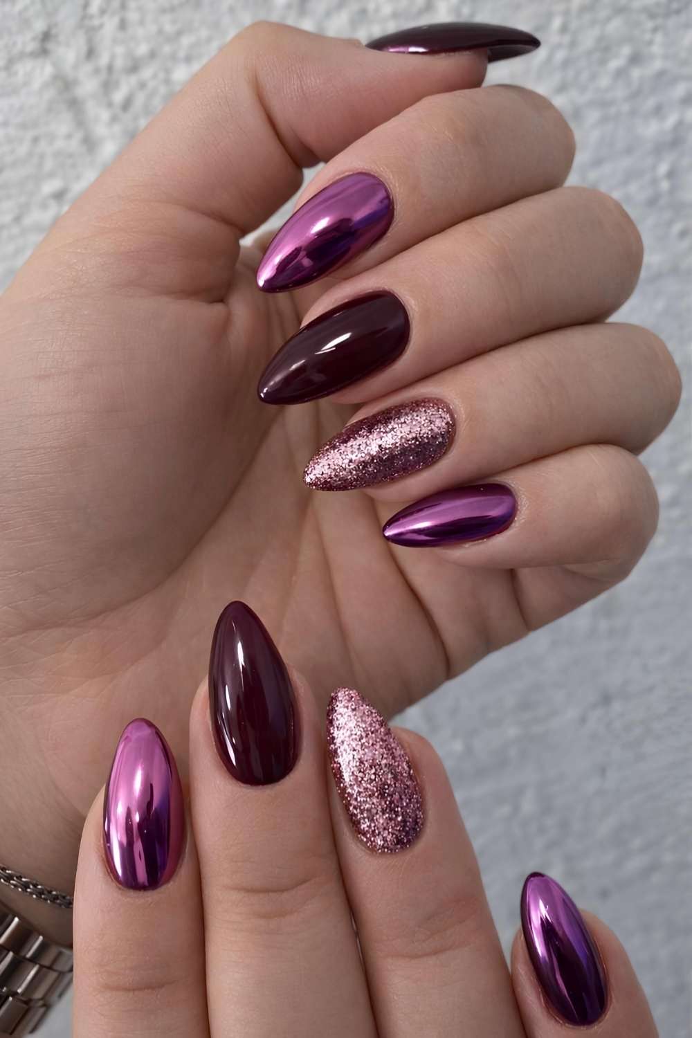 Purple winter nails with mixed finishes