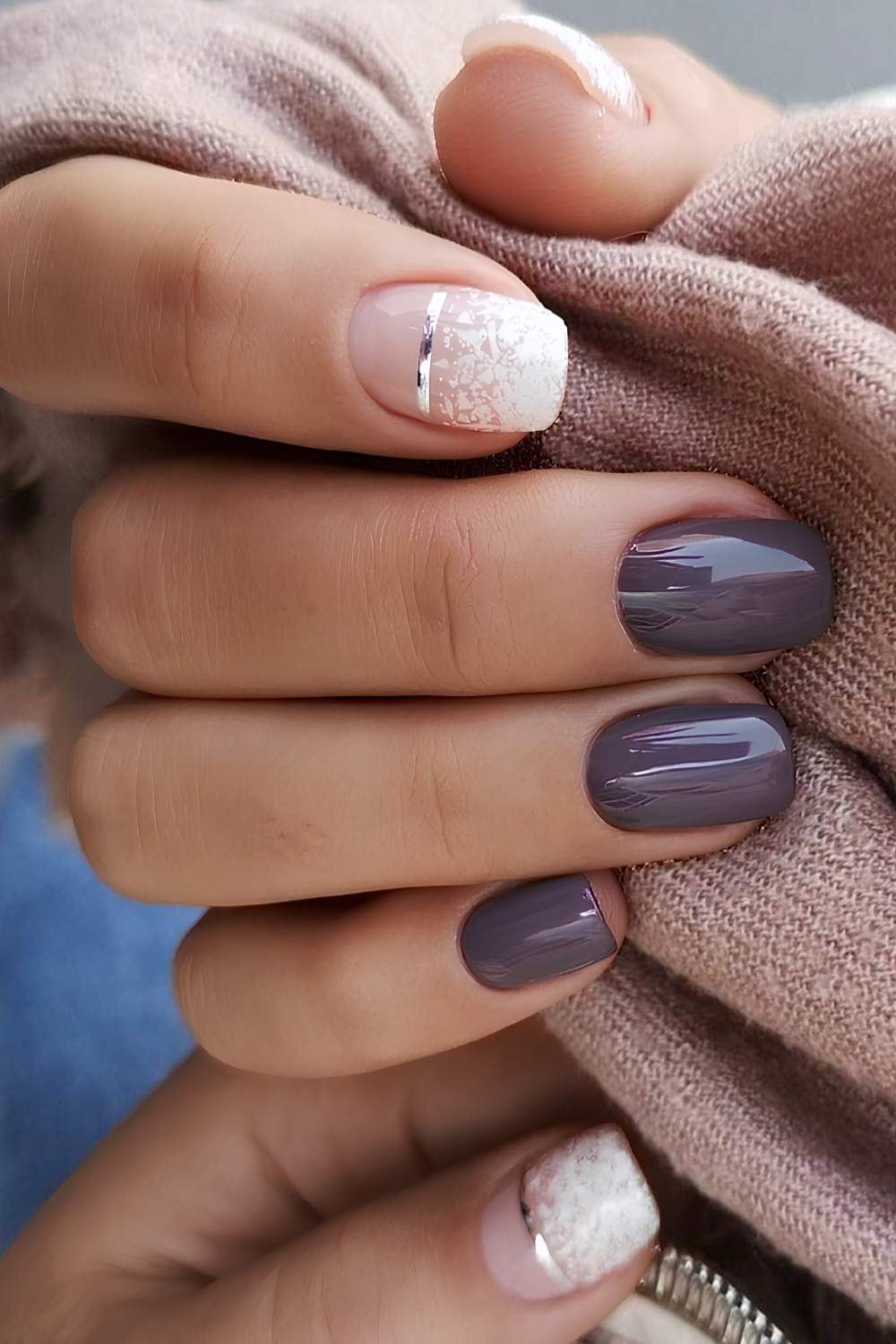 Purple winter nails with snow art