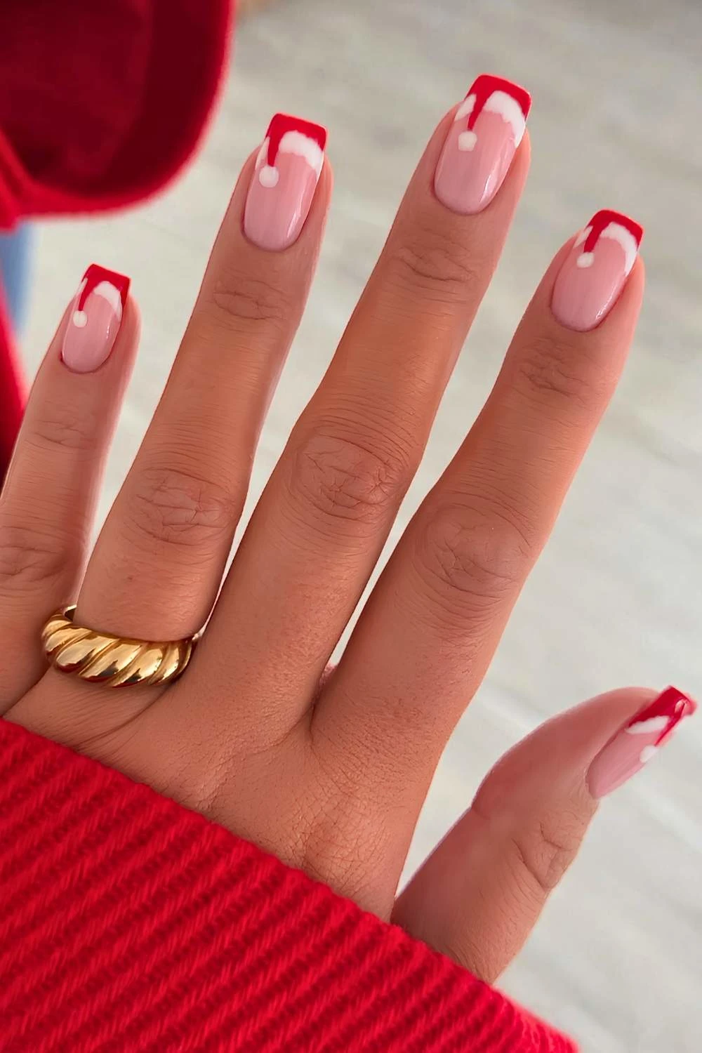Red Christmas French nails with Santa hat art
