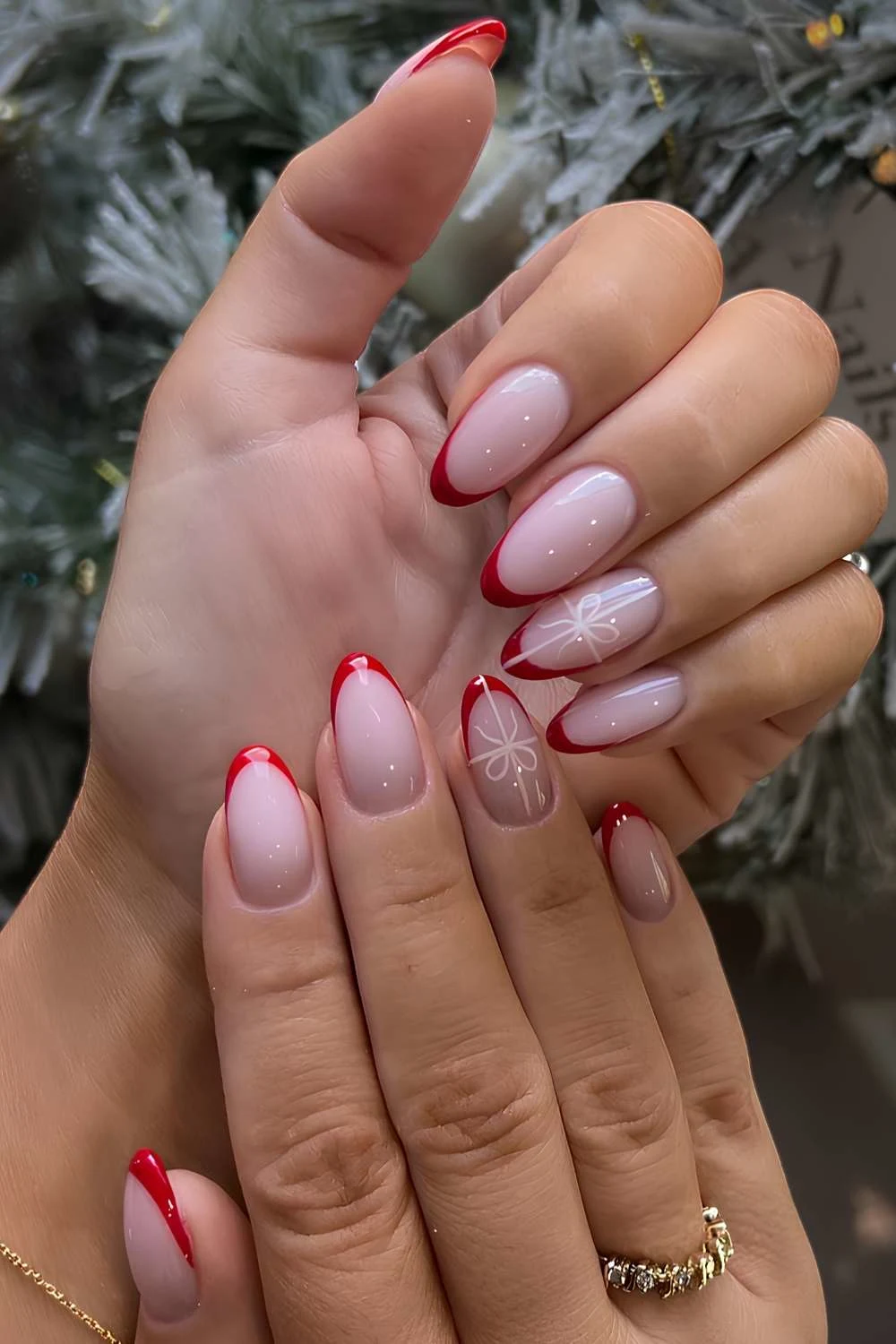Red Christmas French nails with bows