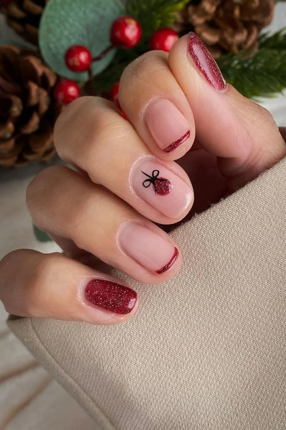 Red French tip nails with Christmas Ornament Accent