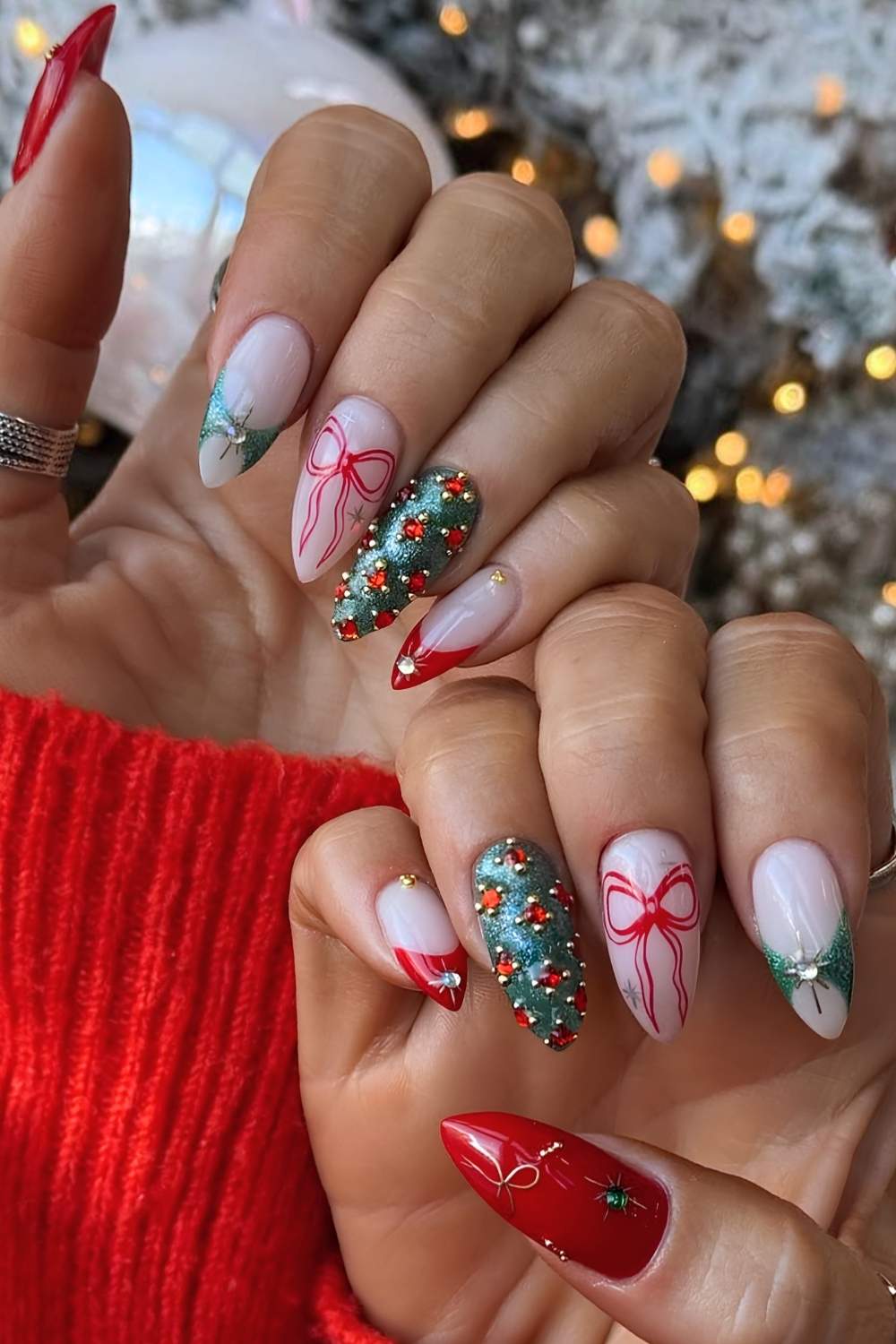 Red and green mismatched Christmas nails