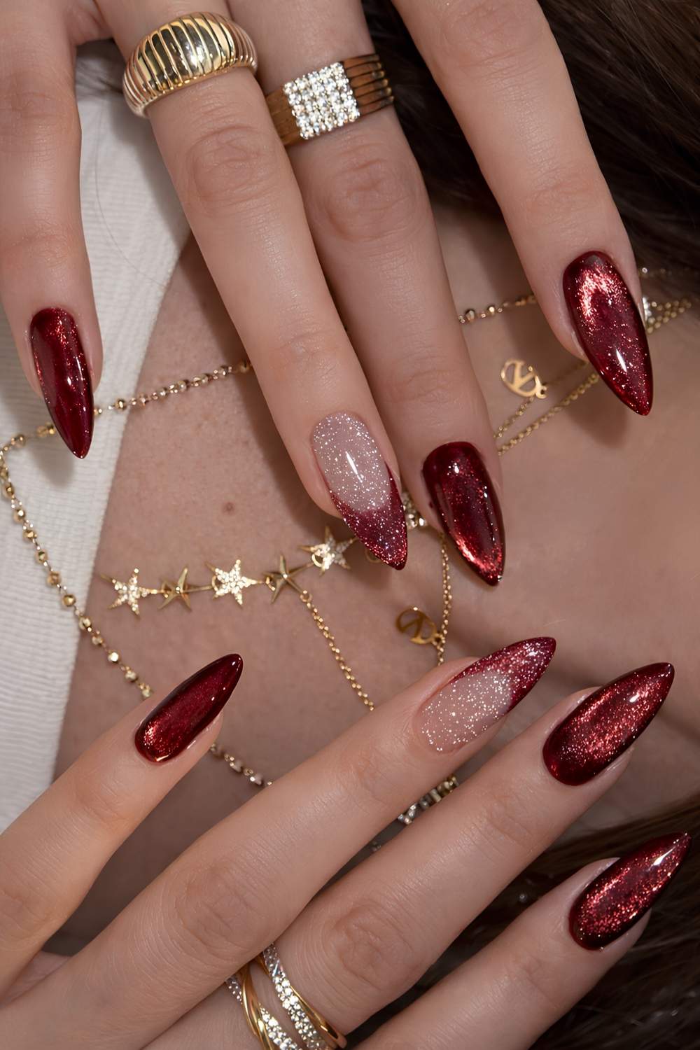 Red cat eye mani with accent French tip